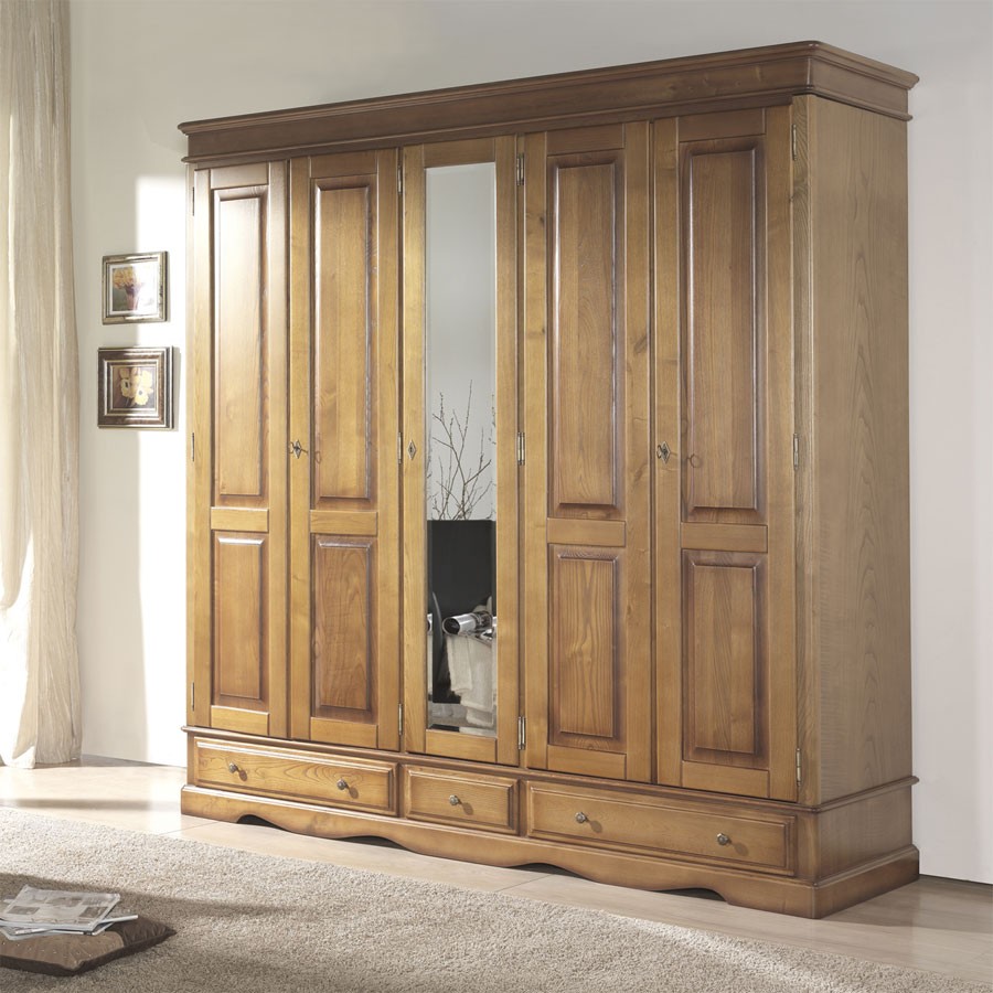 meuble en bois massif - armoire 5 portes, 3 tiroirs châtaigner massif.