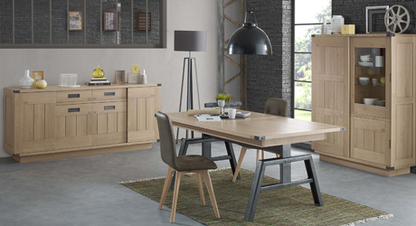 meuble en bois massif - salle à manger avec table, chaises buffet enfilade et vitrine