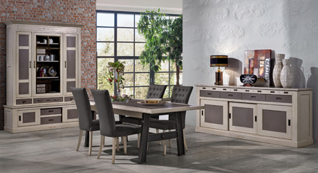 meuble en bois massif - salle à manger avec table plateau céramique pieds métal, chaises buffet enfilade et vitrine
